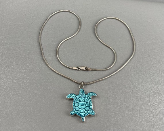 Blue Glass and Sterling Silver Sea Turtle Necklac… - image 2