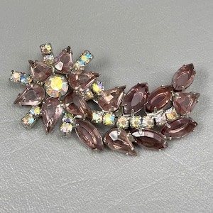 Vintage Mid-Century Lavender Glass Rhinestone Brooch-3 Inches Long. Free shipping.