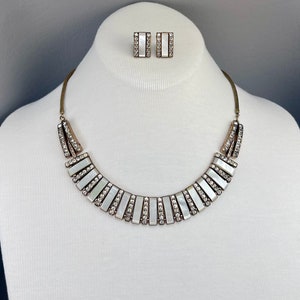 Art Deco Machine Age Mother-of-Pearl and Crystal Necklace and Clip Earrings Set-Germany. Free shipping.
