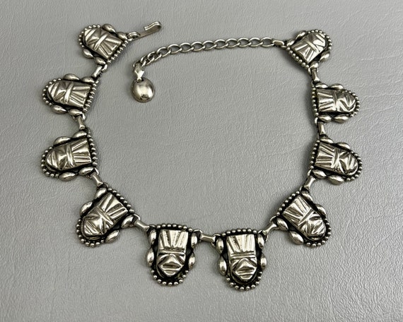 Vintage Silver-Tone Faux-Mexican Mask Necklace-16… - image 3