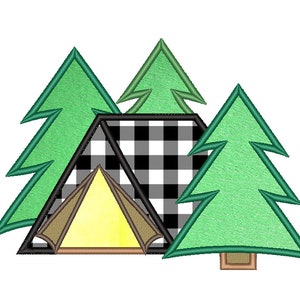 May include: A black and white checkered tent with a yellow and brown tent flap, surrounded by three green pine trees.