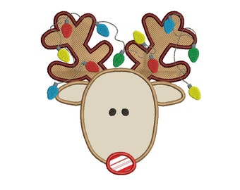 REINDEER TANGLED in Lights - Rudolph - Applikation - Maskinbroderi - Flera storlekar