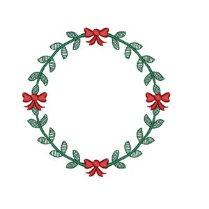 May include: A green wreath with four red bows. The wreath is made of leaves and the bows are tied with a knot.