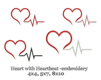 HEART WITH HEARTBEAT line - Machine Embroidery - Multiple sizes