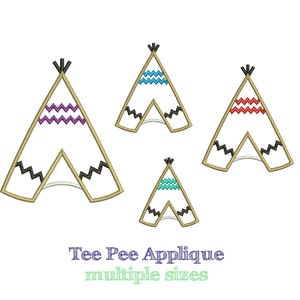 May include: Four different sizes of teepee applique embroidery designs. The designs are in white with black zig-zag trim and colored stripes. The designs are in purple, blue, red, and turquoise.