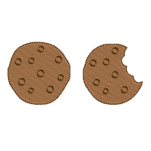 May include: Two chocolate chip cookies, one whole and one with a bite taken out.
