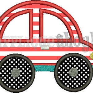 May include: A red and white striped toy car with black polka dot wheels. The car has a teal blue bumper and yellow headlights.