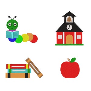 BOOKWORM Embroidery Bundle - Machine Embroidery - School House, Library, Apple, Bookworm, Books Design. Instant Digital Download