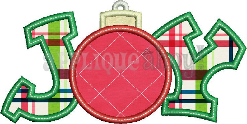 May include: A Christmas ornament design with the word "JOY" in a playful font. The letters are outlined in green and filled with a plaid pattern of red, green, and white. A red circle with a white diamond pattern forms the "O".
