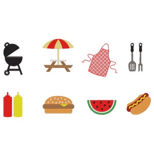 Peut inclure: Un ensemble de huit icônes illustrées pour un barbecue ou un pique-nique d'été. Les icônes comprennent un barbecue, une table de pique-nique, un parasol, un tablier, une spatule, une fourchette, un hamburger, un hot-dog, une pastèque, du ketchup et de la moutarde.