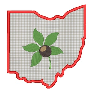 STATE of OHIO - Applique Design with Buckeye Leaf Embroidery - Machine Embroidery - Multiple Sizes - Instant Download