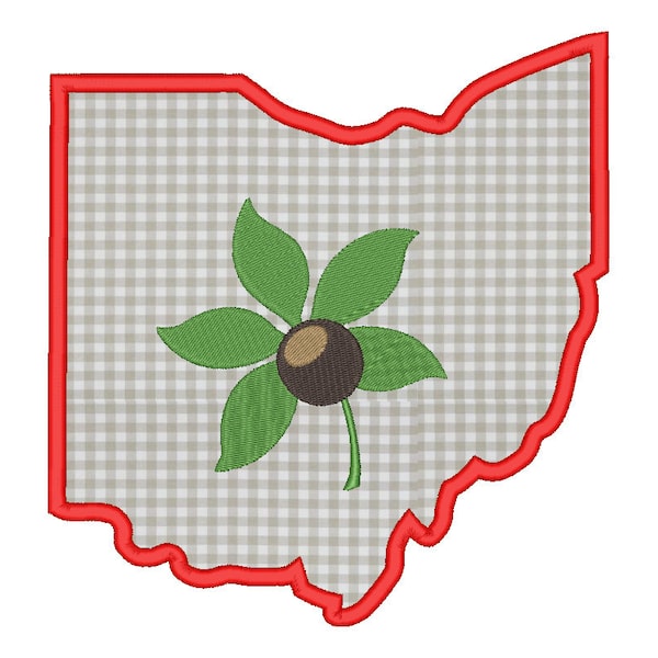 STATE of OHIO - Applique Design with Buckeye Leaf Embroidery - Machine Embroidery - Multiple Sizes - Instant Download