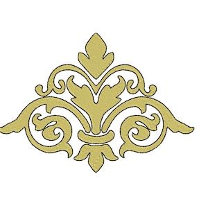 May include: A gold-colored decorative design with intricate swirls and flourishes. The design is symmetrical and has a central point.