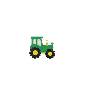 May include: A green tractor with black wheels and yellow centers, set against a white background. The tractor has a detailed embroidered design, with a cabin and exhaust pipe. This image is suitable for farm-themed crafts and designs.