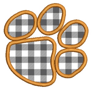 May include: A brown paw print with a black and white checkered pattern inside.