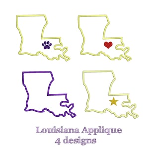May include: Four Louisiana applique designs are shown. The designs include the outline of the state with a paw print, a heart, a solid purple outline, and a gold star. The text "Louisiana Applique" and "4 designs" are below the images.