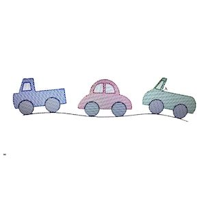 May include: Three toy vehicles in a line on a white background. The first vehicle is a blue pickup truck, the second is a red car, and the third is a green car.