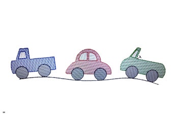 May include: Three toy vehicles in a line on a white background. The first vehicle is a blue pickup truck, the second is a red car, and the third is a green car.