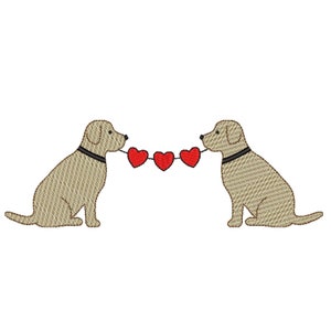 May include: Two brown dogs are sitting facing each other, holding a string of red hearts.