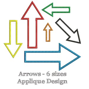 Peut inclure: Six flèches de différentes tailles dans différentes couleurs, notamment rouge, vert, jaune, bleu, orange et noir. Les flèches sont encadrées et pointent dans différentes directions. Le texte "Arrows - 6 sizes Applique Design" est sous les flèches.