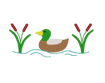 May include: A green duck with a yellow beak is swimming in blue water with two green reeds with red tops on each side.