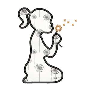 Könnte beinhalten: Eine schwarze Linienzeichnung einer Person, die auf einen Löwenzahn bläst, mit weißem Hintergrund und einem grauen Löwenzahn-Muster.