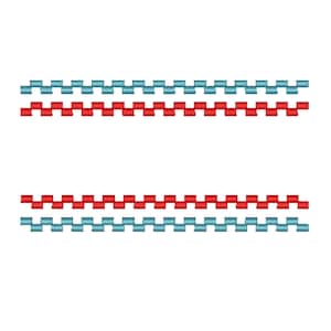 May include: Two rows of decorative stitching, one red and one blue, with a zig-zag pattern.
