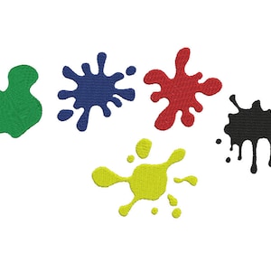 Peut inclure: Cinq éclaboussures de peinture de différentes couleurs : vert, bleu, rouge, noir et jaune. Les éclaboussures sont stylisées et ressemblent à de l’art abstrait.