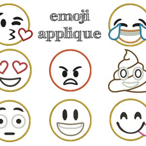 May include: Set of nine embroidered emoji appliques. The appliques feature various facial expressions, including a winking kiss, heart eyes, angry, crying laughing, poop, and a smiling face with a tongue sticking out.