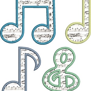 May include: Four musical note shapes with a musical sheet background. The shapes are a treble clef, a quarter note, a half note, and a whole note. The treble clef is green, the quarter note is blue, the half note is yellow, and the whole note is blue.