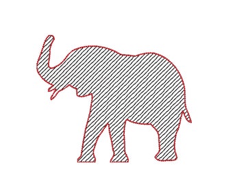 May include: A red outline of an elephant with a striped pattern inside. The elephant is facing right and has its trunk raised.