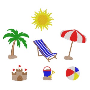 May include: A set of beach-themed illustrations including a palm tree, a beach chair, a beach umbrella, a sandcastle, a bucket and shovel, and a beach ball.
