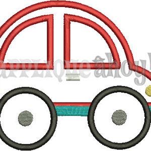 May include: A red and white cartoon car with black wheels and a teal trim. The car has a simple design with a rounded body and a single window.