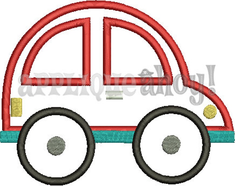 May include: A red and white cartoon car with black wheels and a teal trim. The car has a simple design with a rounded body and a single window.