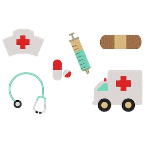 May include: A set of medical themed embroidery designs. The designs include a nurse's hat, a syringe, a bandage, a stethoscope, a pill, and an ambulance.