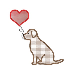 May include: A brown and white checkered dog sitting and looking at a red heart balloon.