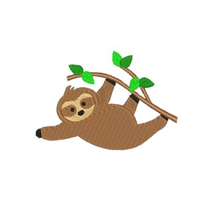 May include: A brown sloth hanging upside down from a green branch with leaves.