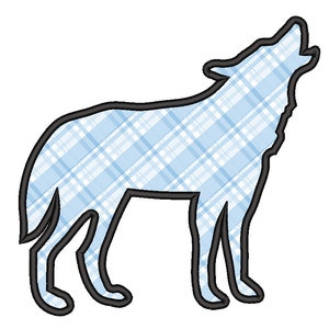 May include: A blue and white plaid wolf silhouette with a black outline. The wolf is howling with its mouth open.