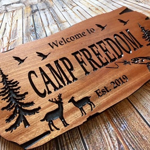 Outdoor Sign with deer, ducks, fish, lure, Rot Resistant, Wooden Carved Cabin Sign, Pine Trees, Camp Sign, Lakehouse Sign, Benchmark Sign