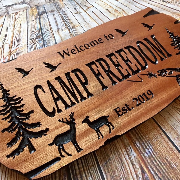 Outdoor Sign with deer, ducks, fish, lure, Rot Resistant, Wooden Carved Cabin Sign, Pine Trees, Camp Sign, Lakehouse Sign, Benchmark Sign