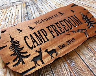 Outdoor Sign with deer, ducks, fish, lure, Rot Resistant, Wooden Carved Cabin Sign, Pine Trees, Camp Sign, Lakehouse Sign, Benchmark Sign