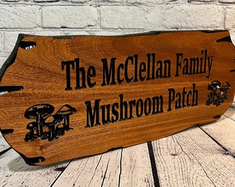 Custom Wood Carved Sign with Mushrooms, Outdoor Wood, Personalized Gift for Nature lover