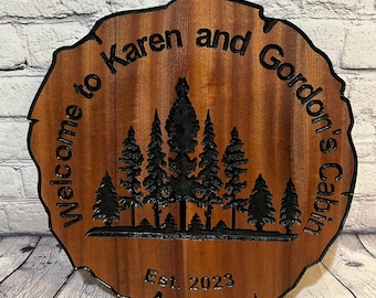 Custom wooden carved sign with a forest of trees, personalized gift for couple , round rustic edge, log slice shaped plaque for cabin