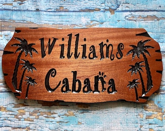 Custom Wooden Carved Beach House, Cabana Sign with Palm Trees