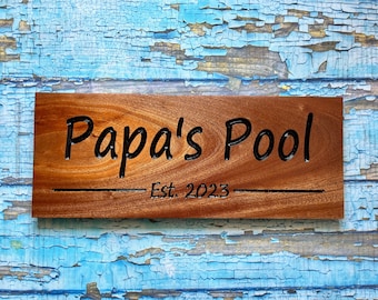 Custom Carved Sign, Personalized Wooden Sign, Outdoor Pool Plaque, Engraved Cabin decor, Benchmark Signs