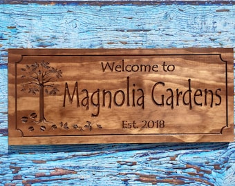 Wooden carved sign with Oak Tree and Acorns, indoor and outdoor wood available personalized with family name and established date, Benchmark