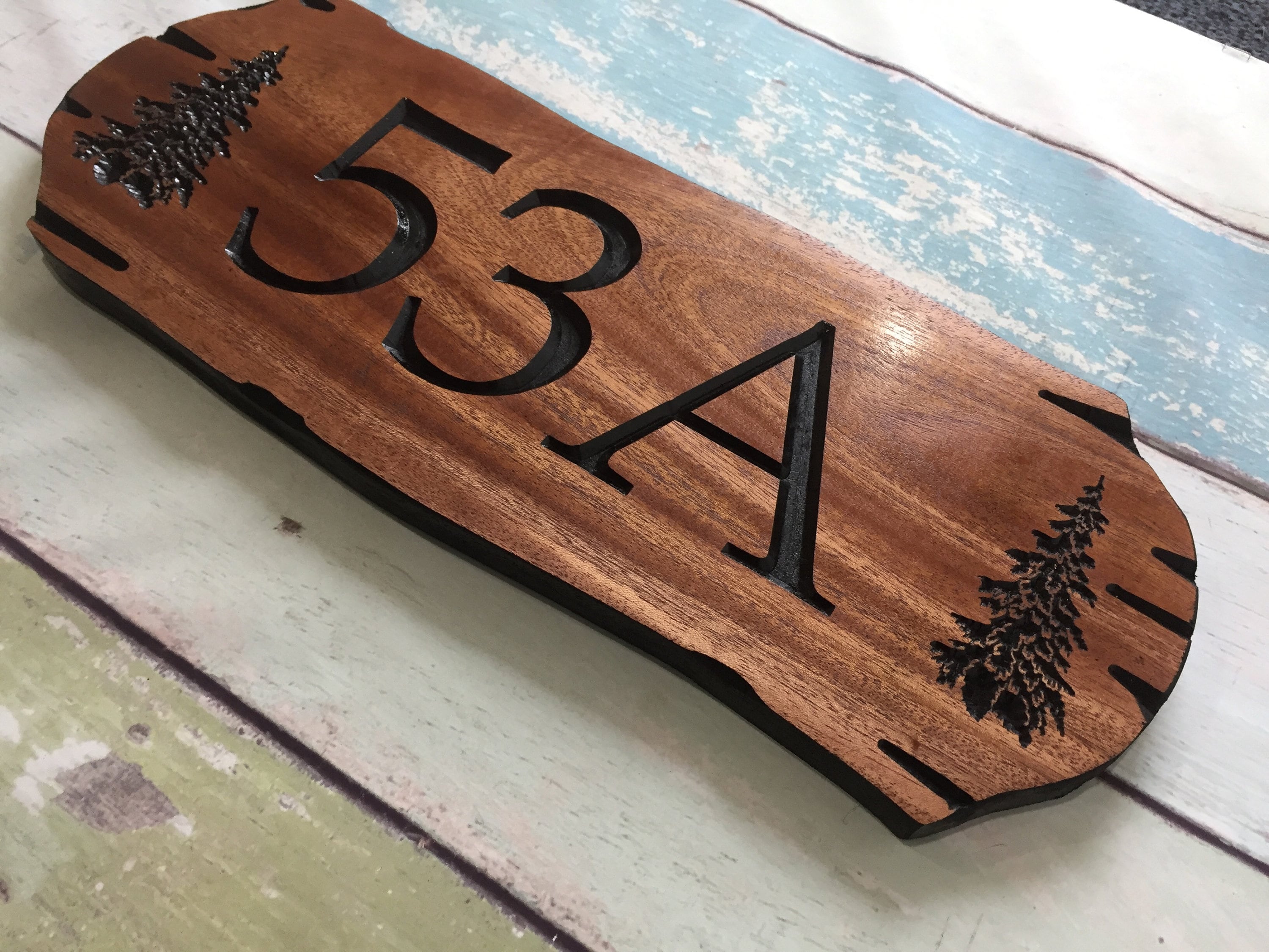 Wooden Address Sign With Large Carved Numbers, Hand Carved