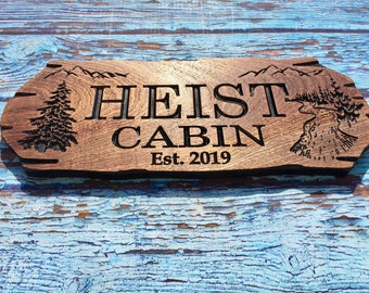 Custom Carved Wood Sign with, River, Stream, Mountains, and Pine Tree personalized for your cabin or Lake house