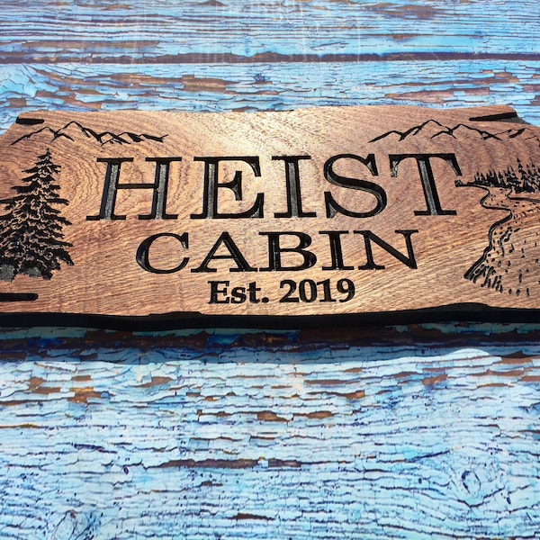 Custom Carved Wood Sign with, River, Stream, Mountains, and Pine Tree personalized for your cabin or Lake house