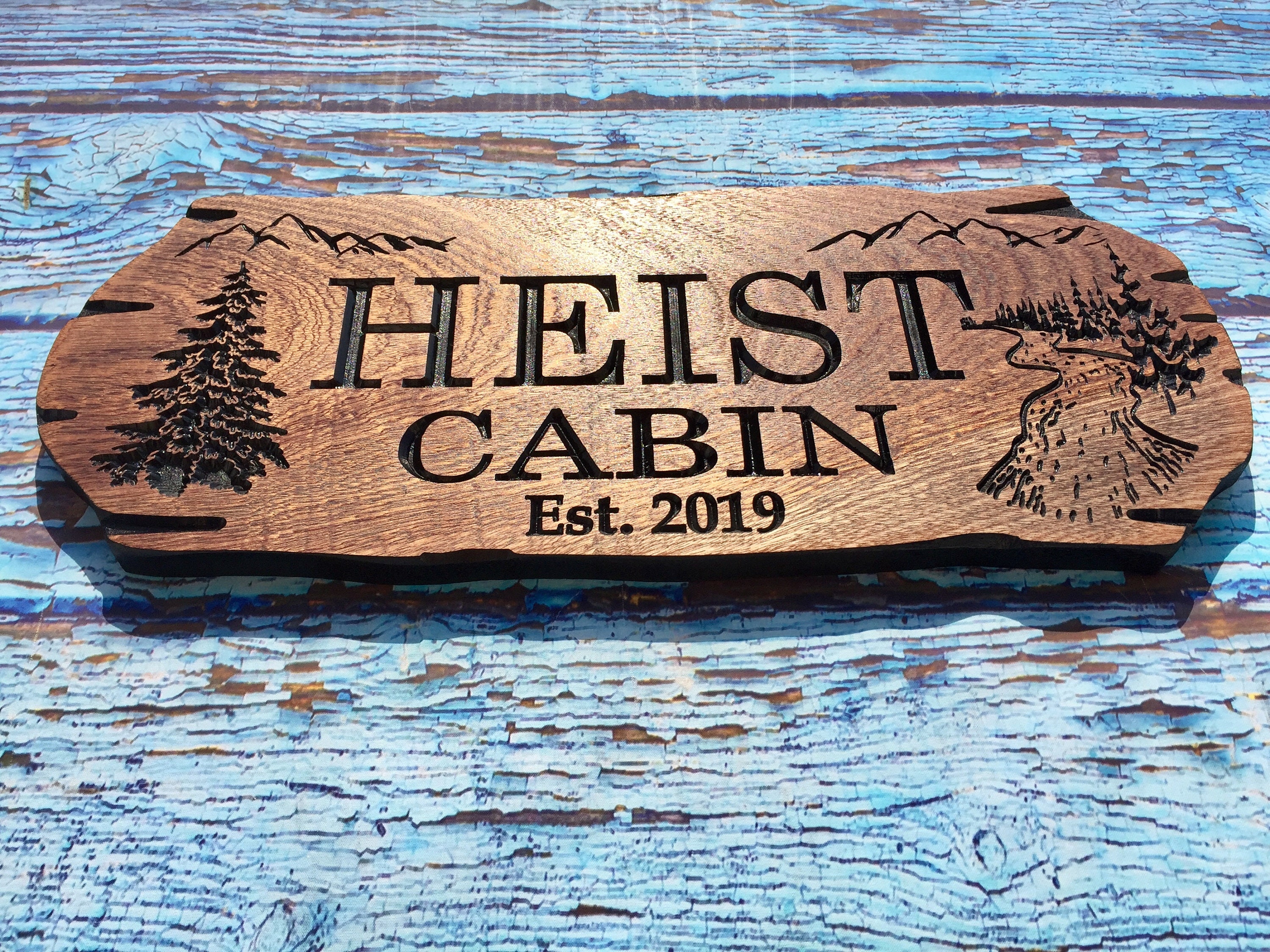 Wooden Carved Sign, Rustic Cabin, River, Stream, Mountains, Custom Ou…